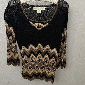 Chevron Knit Top with Black, Beige, and Brown Pattern